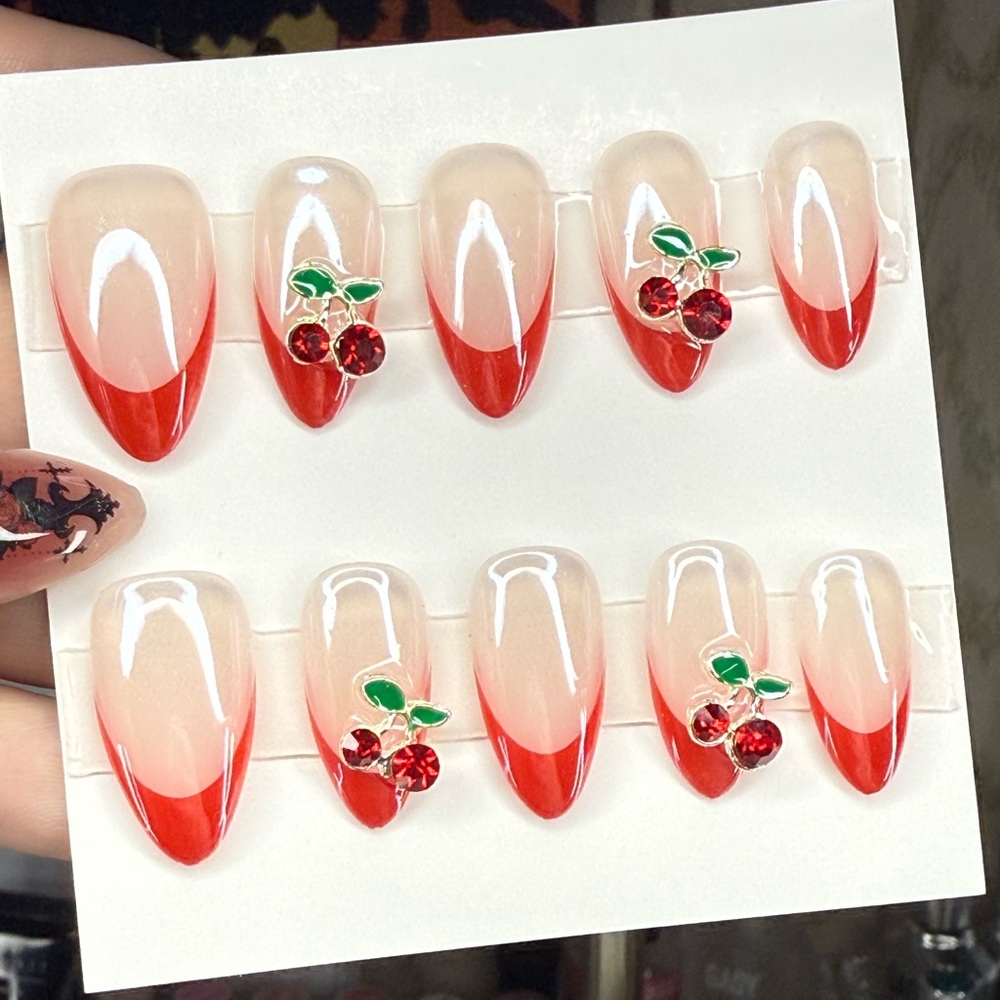 Vibrant Red Cherry Embellished Press-On Nails